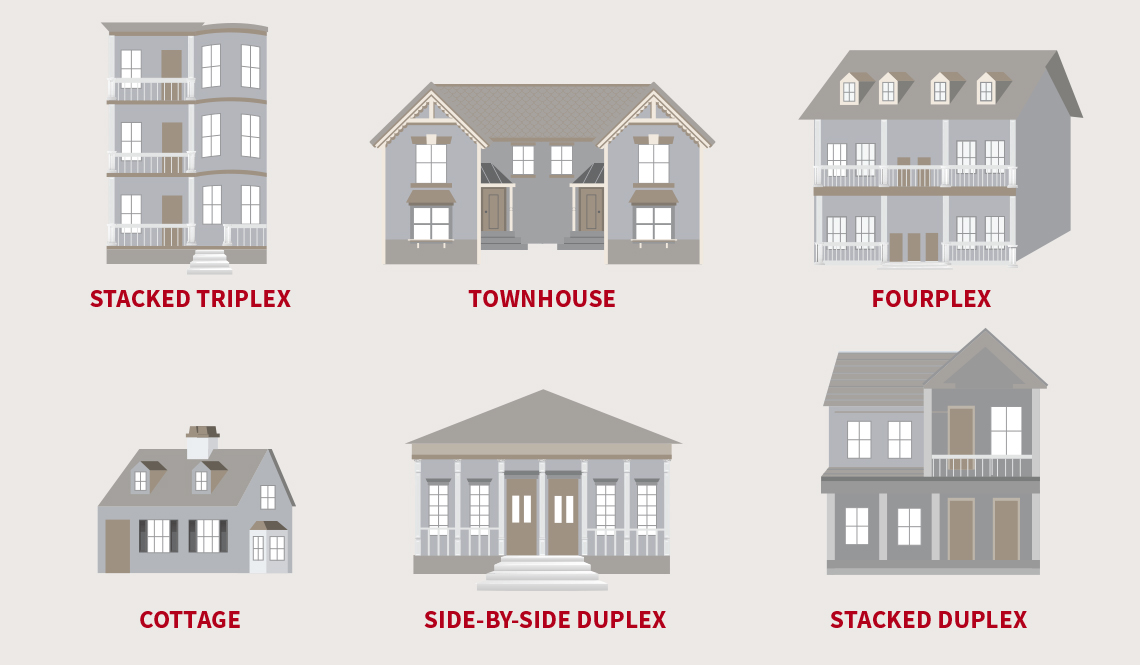 Six illustrations from the cover of Re-Legalizing Middle Housing
