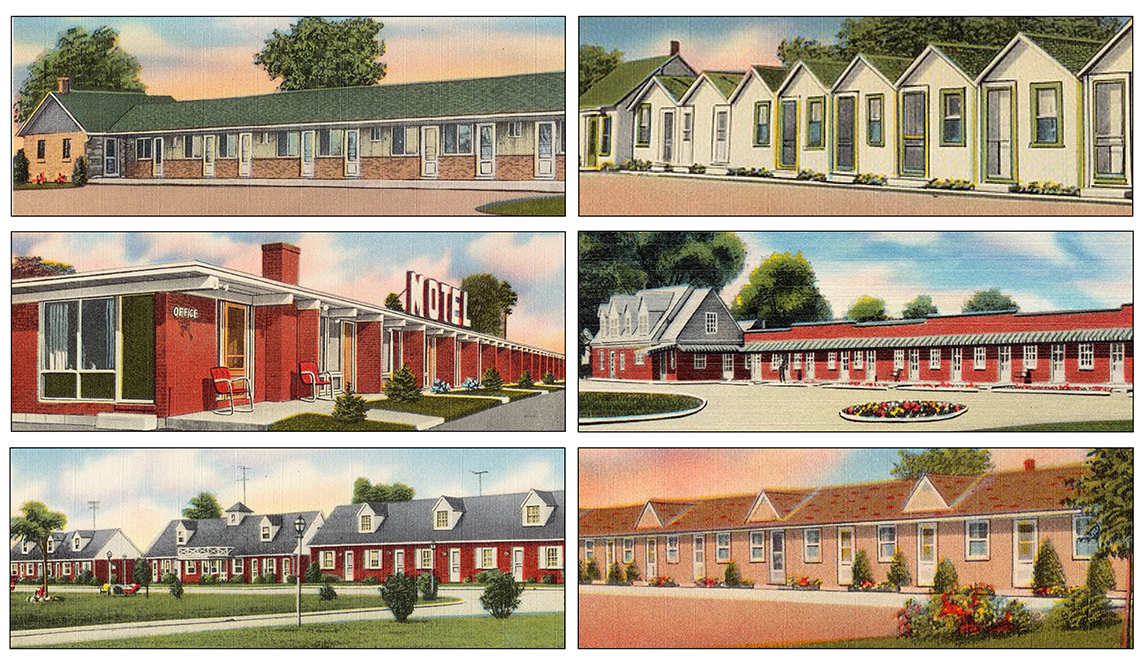 Six illustrations from motel postcards