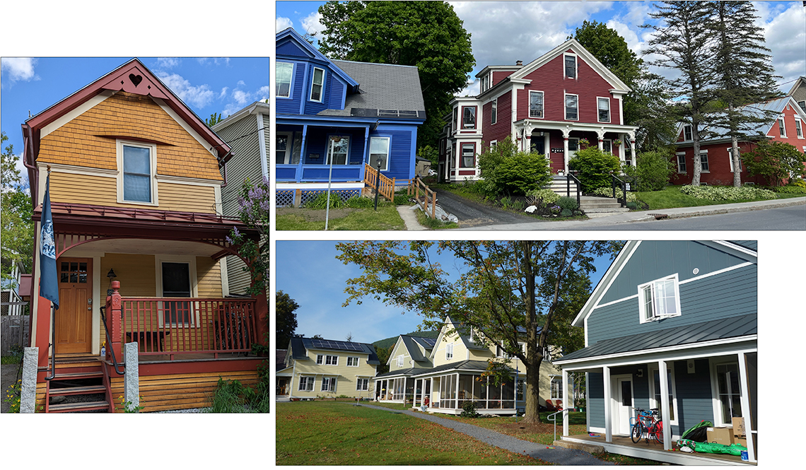 Three photos showing new and old homes in Vermont