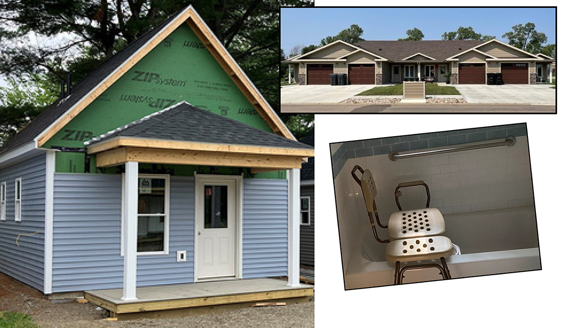 Three images showing a tiny house under construction, a four-unit home and a bathtub safety seat and grab bar