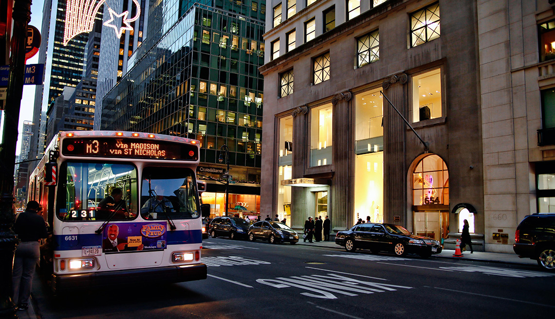 Public Transit Bus Stops And Picks Passengers Up In Downtown New York City, Buildings, Evening, Livable Communities, Great Cities For Older Adults