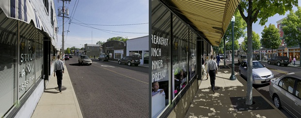 A "before" and imagined "after" of a street in Peoria, Illinois.