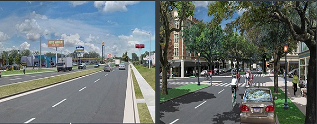 A "before" and imagined "after" of a roadway in Savannah, Georgia.