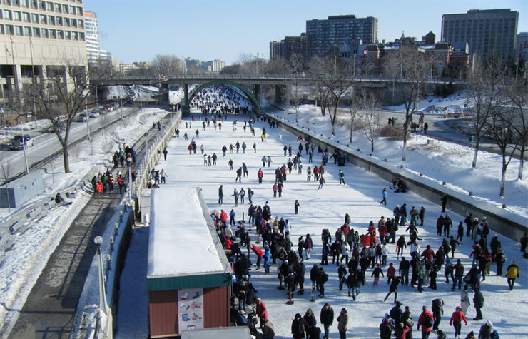 Ice skating on a frozen canal in Ottawa, Canada