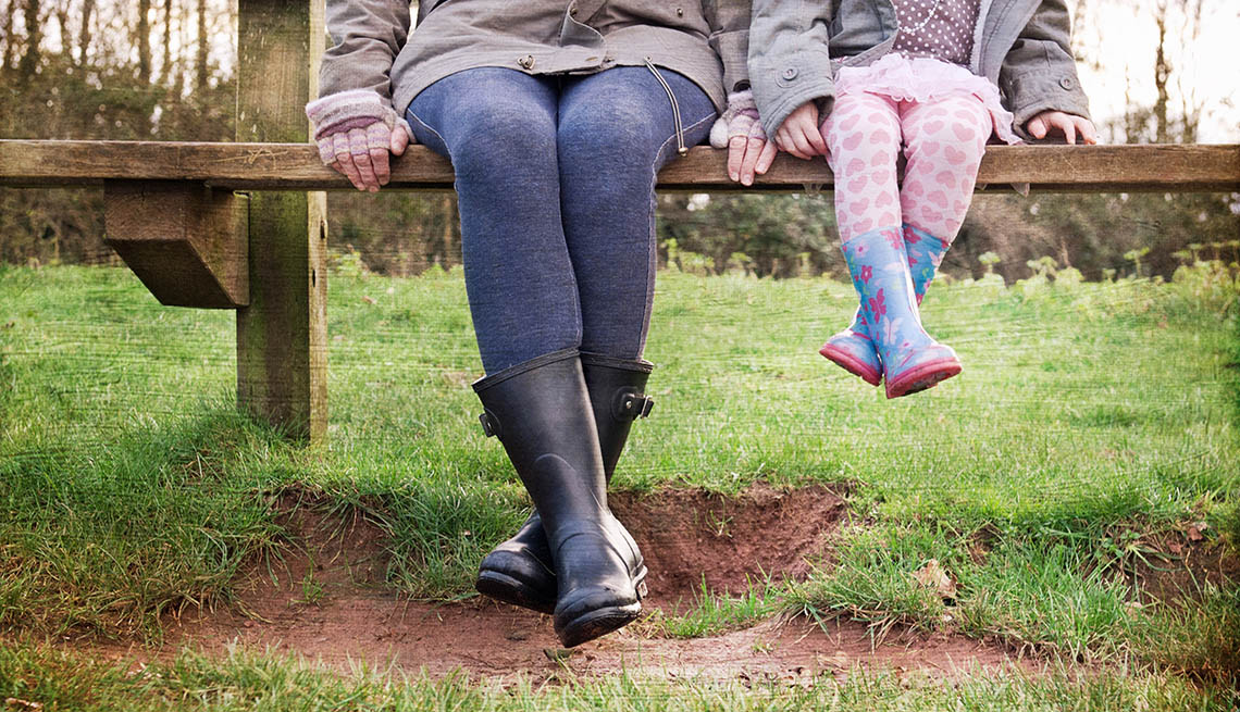 Mother And Young Daughter Sit On Bench In Park With Only their Legs Showing, Legs Swinging Over Bench, Spending Time Together, In Livable Communities Slideshow