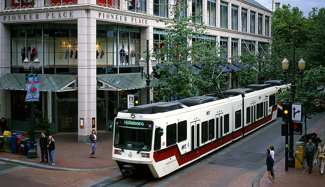 Light Rail Train Pulls Through Downtown Portland, Oregon, City Setting, Urban, Transportation, Public Transit, People, In Livable Communities Slideshow