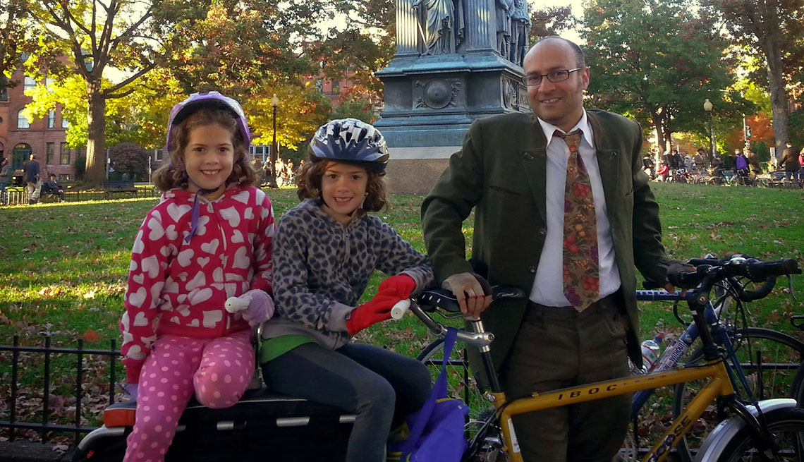 Father Poses In Park With His Two Young Daughter, Commuting By Bike, Car Light Living, Going Car Free, Livable Communities, Biking Infrastructure