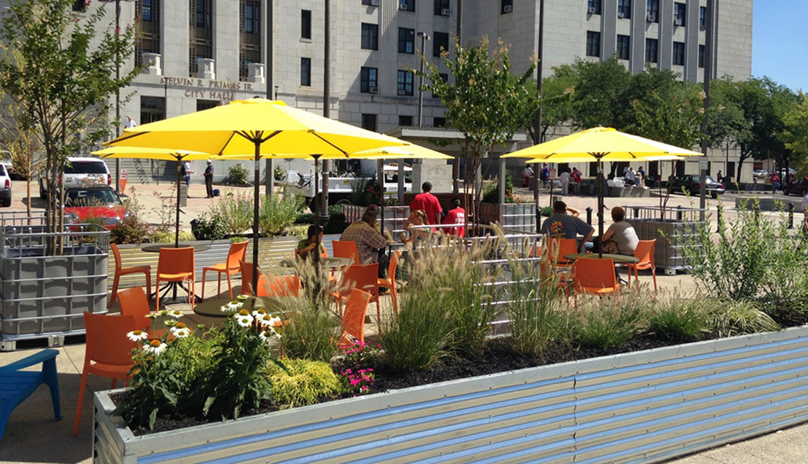 Makeshift Plaza, Chairs, Tables, Downtown, Pop Up Plaza, Livable Communities