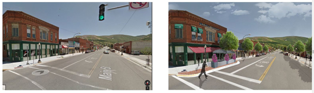 A before (left image) and proposed after (right image) for a streetscape in Anaconda, Montana
