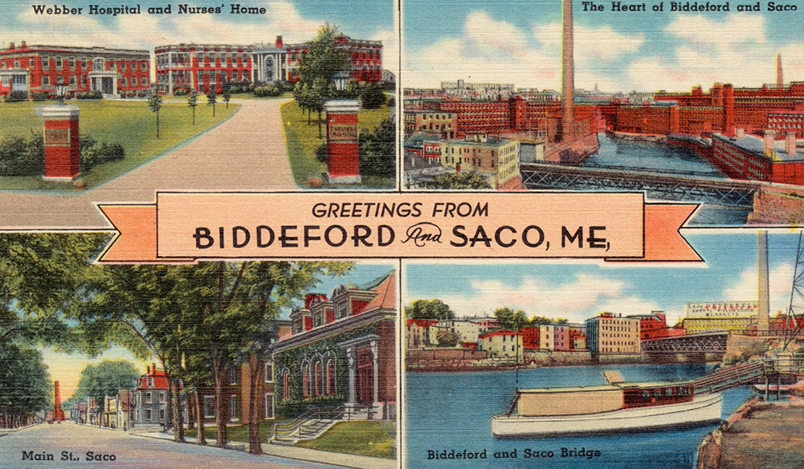 A vintage postcard says Greetings From Biddeford and Sace, ME