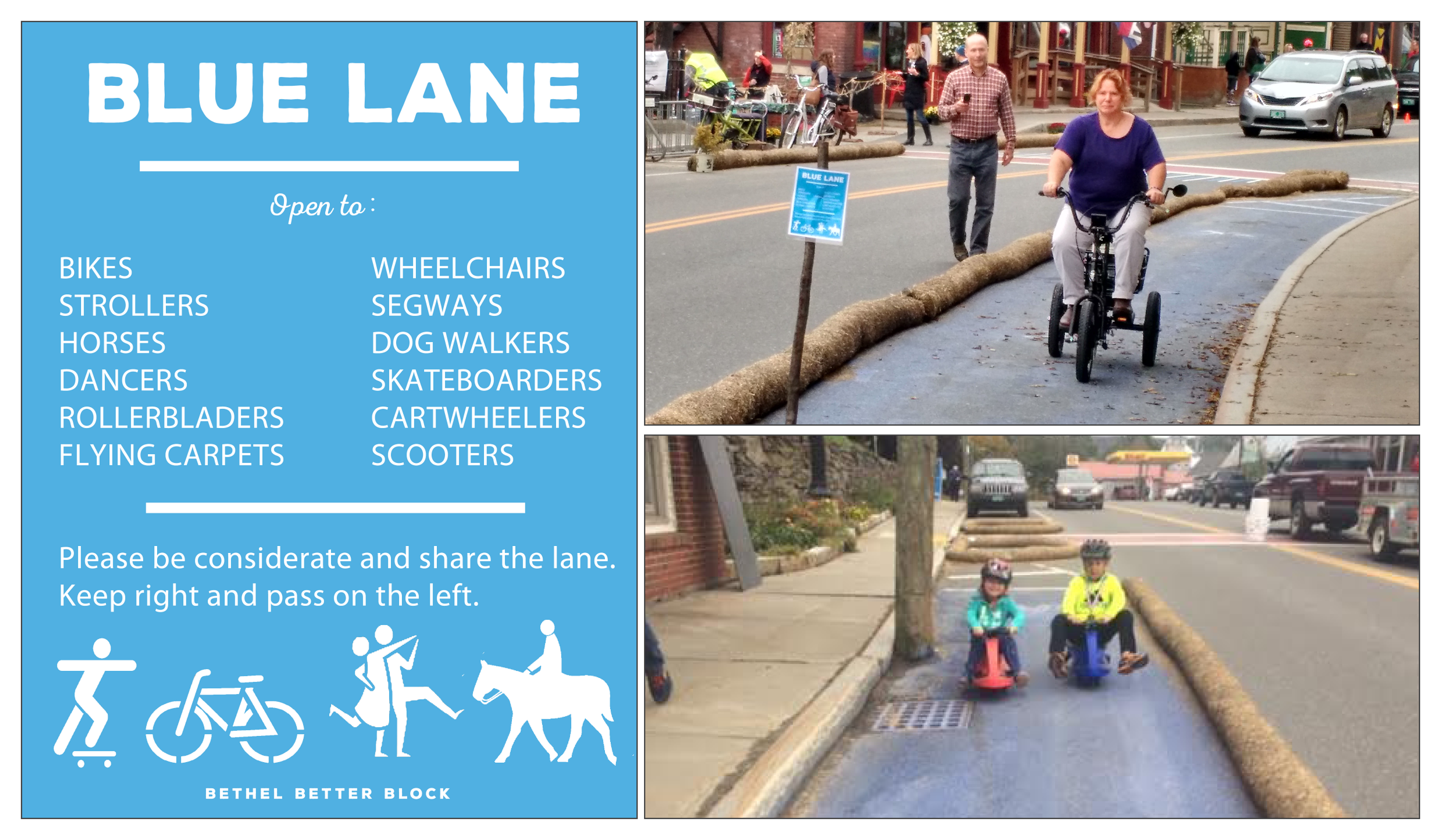 A blue poster describes the Blue Lane and three tricyclists, both older and young, show how the lane can be used.