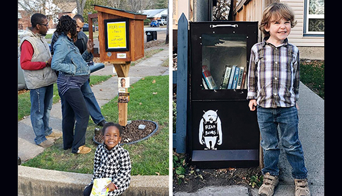A young girl in St. Louis and a young boy in Calgary pose with Little Free Libraries