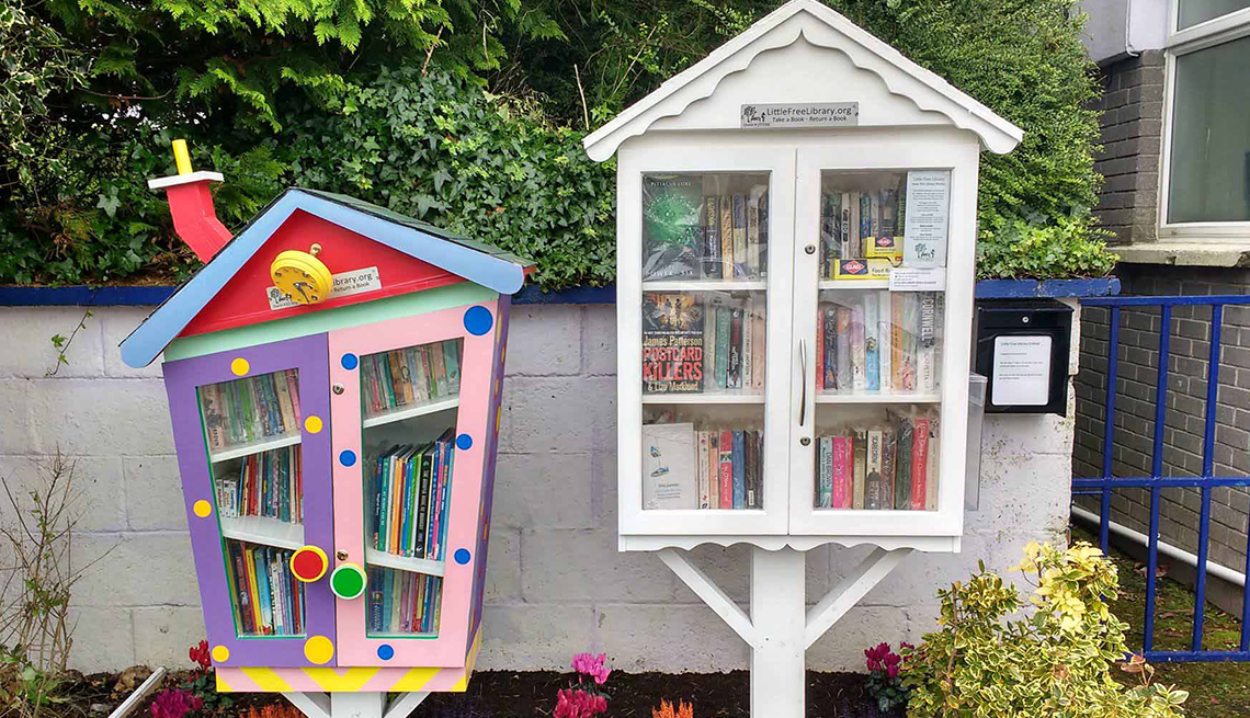 Two house-like Little Free Libraries, one colorful, one all-white, stand as neighbors. 