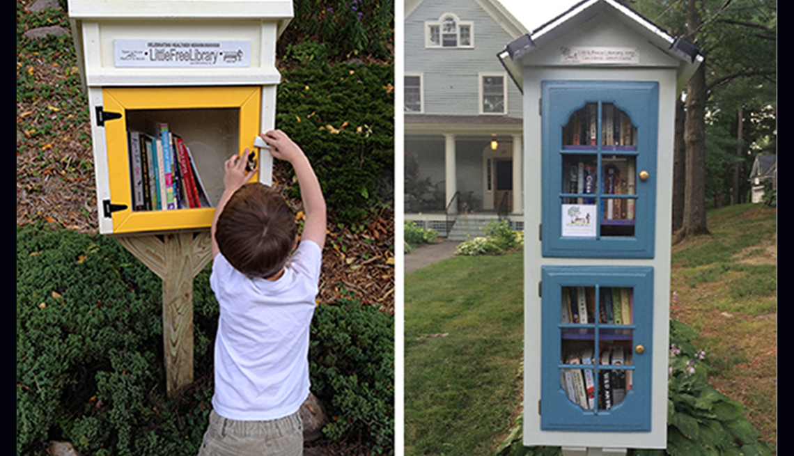 A little boy shuts the door of a little library in Minneapolis and a two-story little library offers up books in Bangor, Maine