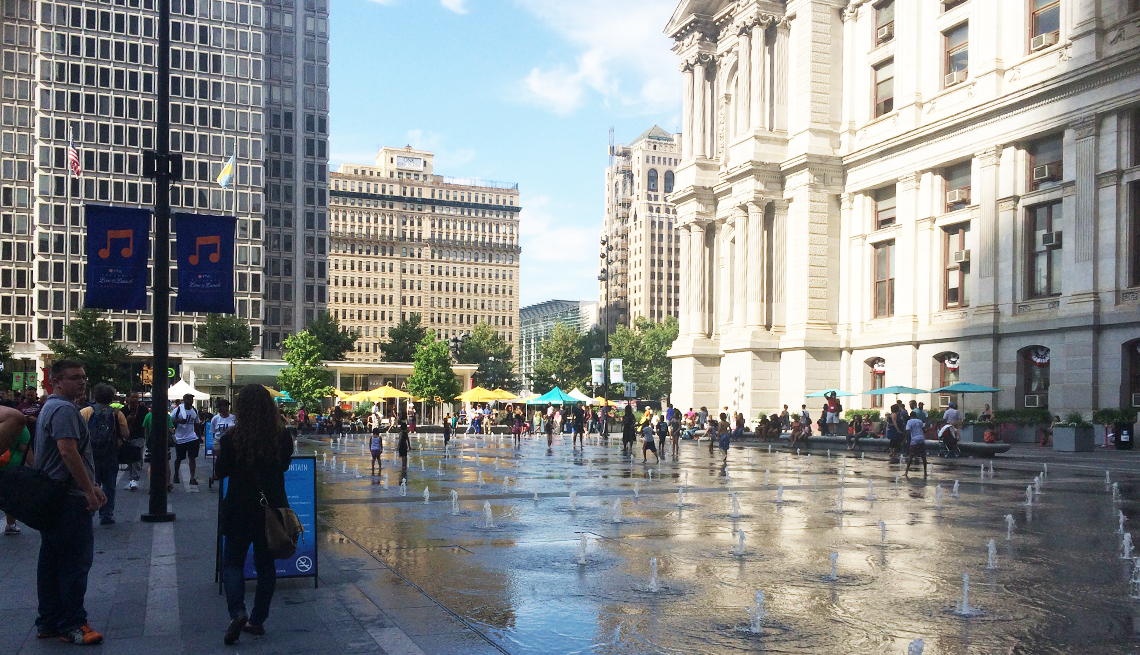 A plaza splash fountain outside the Philadelphia City Hall