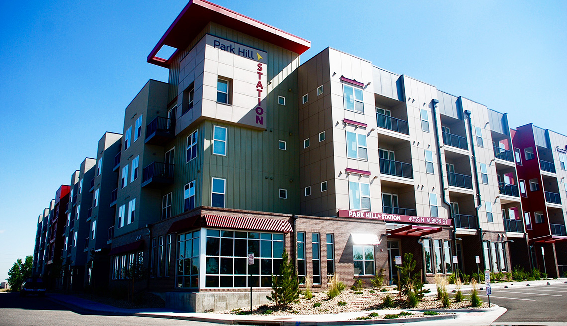 The exterior of the Park Hill Station apartment building in Denver.
