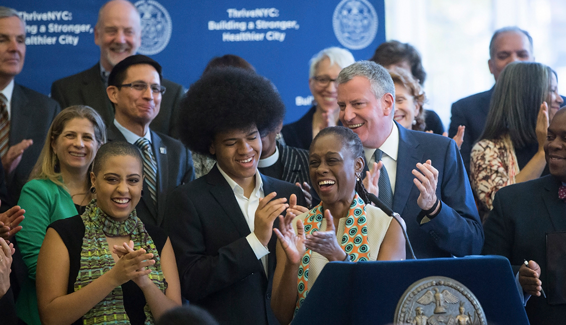New York Mayor Mayor Bill de Blasio and First Lady Chirlane McCray, along with their son and daughter and city officials, announce the ThriveNYC program.