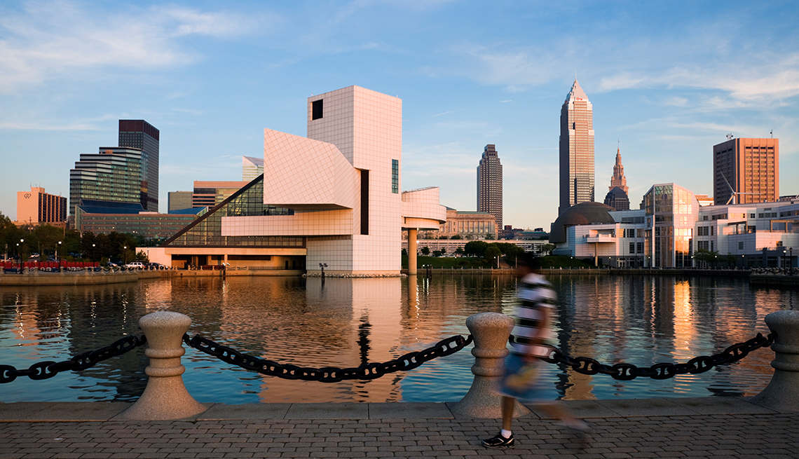 Cleveland, Ohio skyline, sunset, Network Age Friendly, AARP Livable Communities
