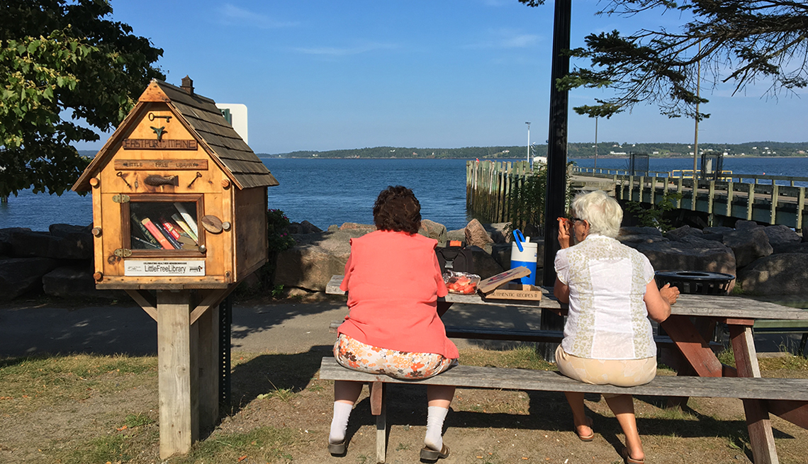 Two women sit at a picnic table in Eastport, Maine, with a view of the water and a Little Free Library display