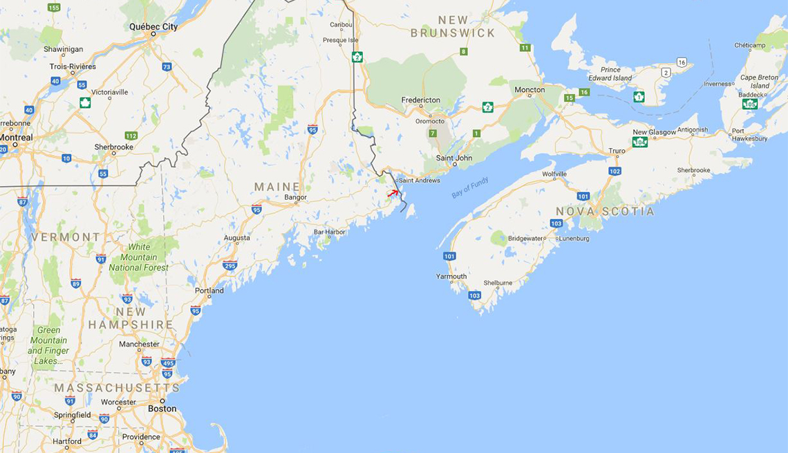 The red arrow marks the location of Eastport, Maine
