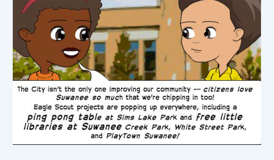 A scene from the comic-book style annual report from the City of Suwanee