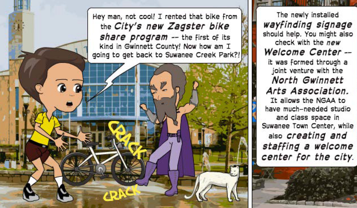 A scene from the comic book-style annual report by the City of Suwanee, Georgia