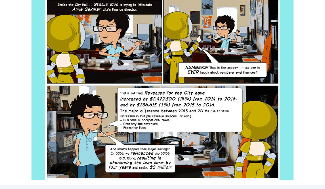 A scene from the comic-book style annual report from the City of Suwanee
