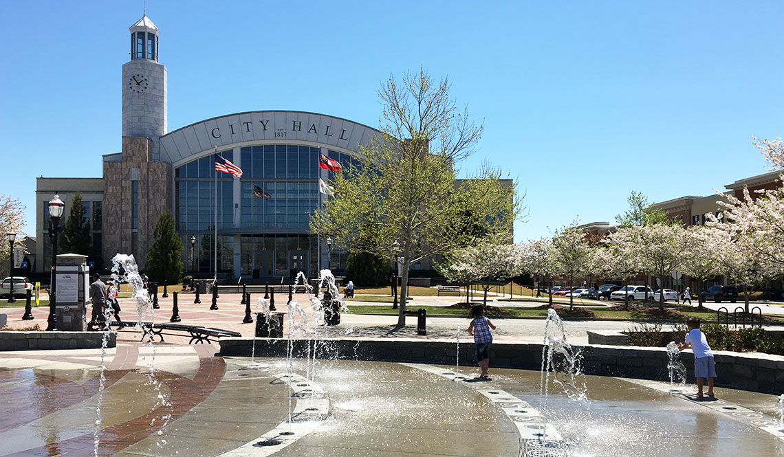 City Hall and a splash fountain in Suwanee, Georgia.