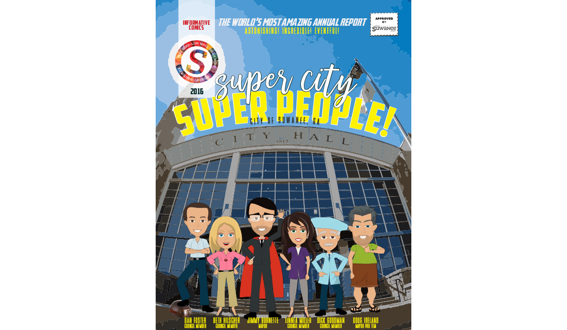 A scene from the comic book-style annual report by the City of Suwanee, Georgia