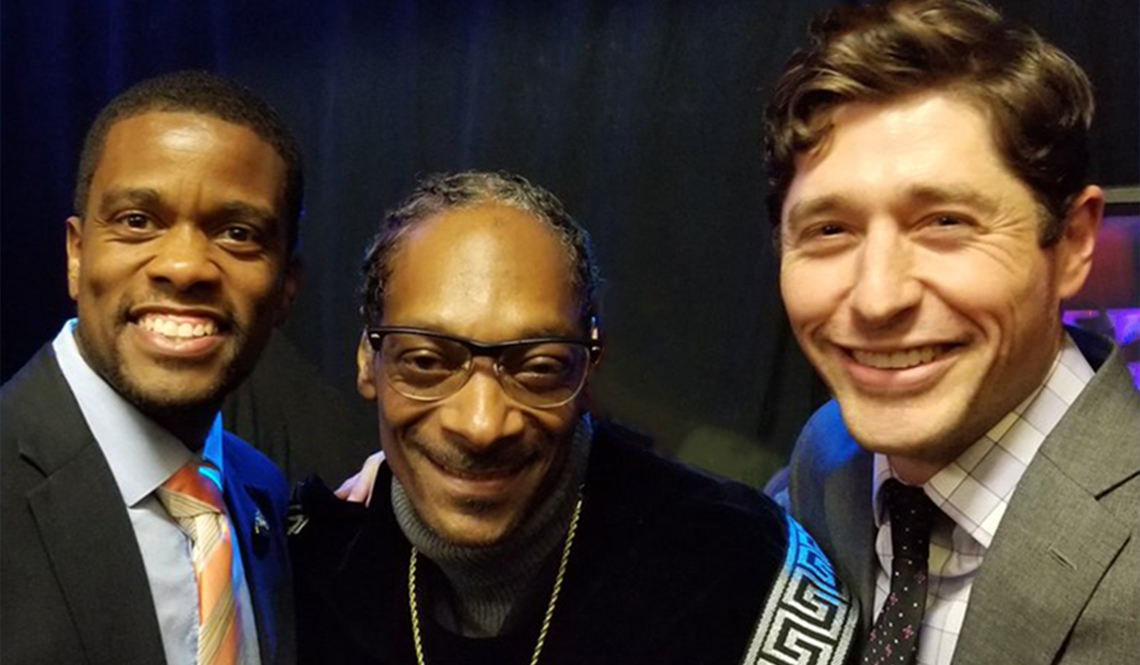 Saint Paul Mayor Melvin Carter III, rapper Snoop Dogg and Minneapolis Mayor Jacob Frey