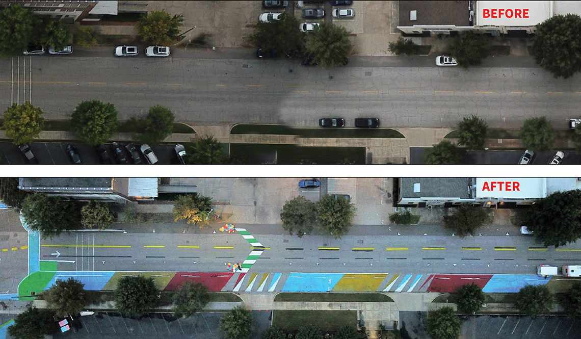 Before and after aerial view of the Complete Streets project in Birmingham, Alabama