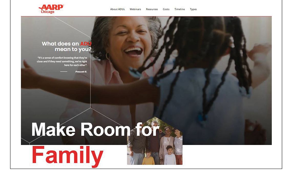 Home page of AARP Chicago's website about ADUs