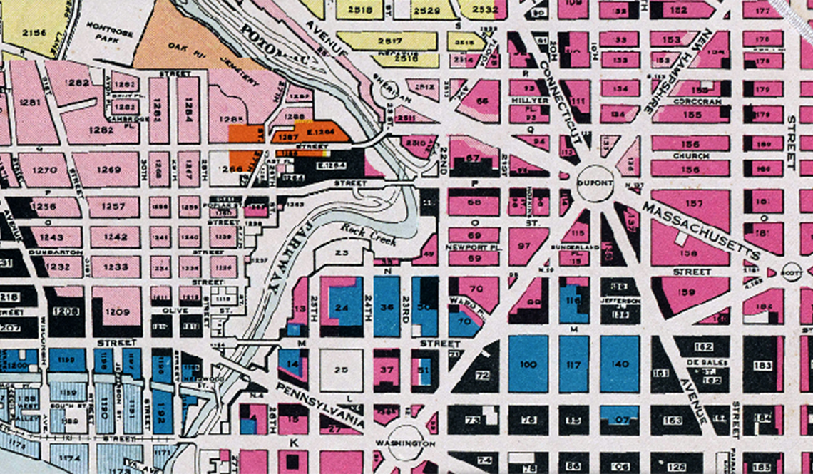 Multi-colored, aerial view zoning map of a section of Washington, D.C., from the early 20th century.  
