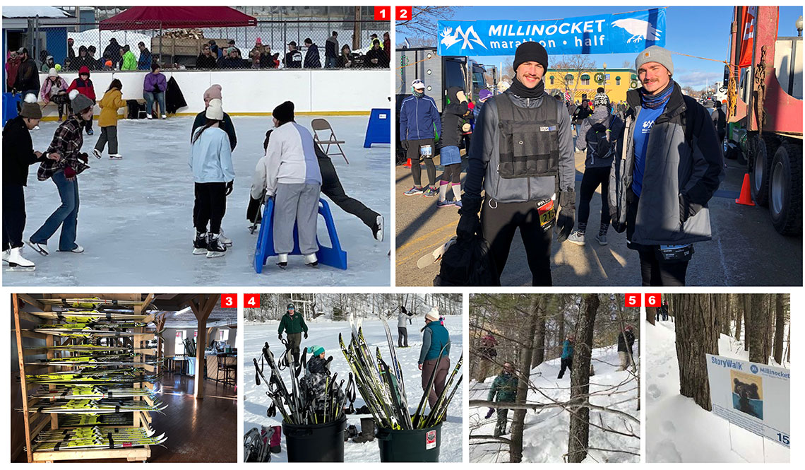 6 images of winter activities in Millinocket, Maine