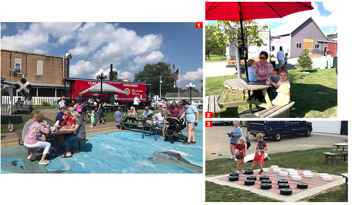3 photos of of a public plaza in Cuba City, Wisconsin