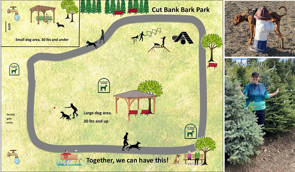 An illustration of the Cut Bank City Bark Park site plan, a dog at a fire hydrant, and a woman poses with pine tree plants