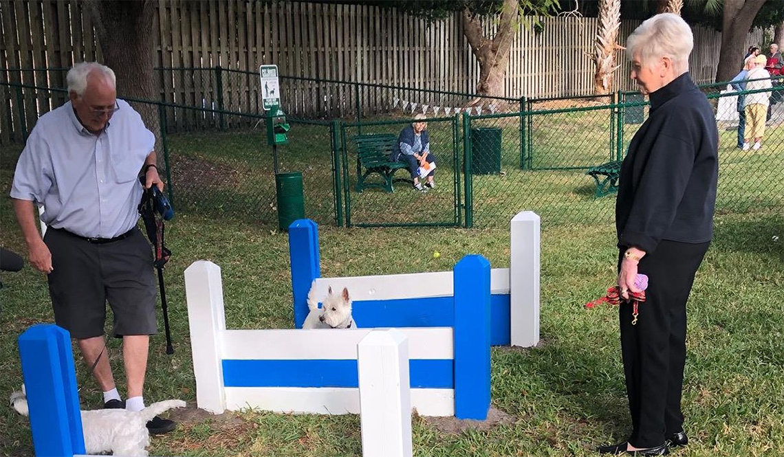 An older couple and their two West Highland White Terriers in the obstacle course section of a dog park