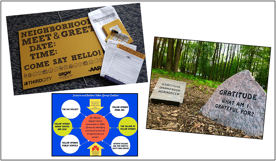 Three images showing signage and projects related to community engagement and inclusion
