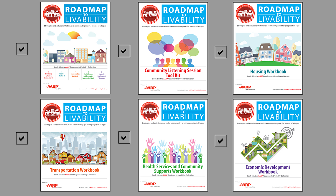 Covers of the six-part AARP Roadmap to Livability Collection with all six books checked off as having been published