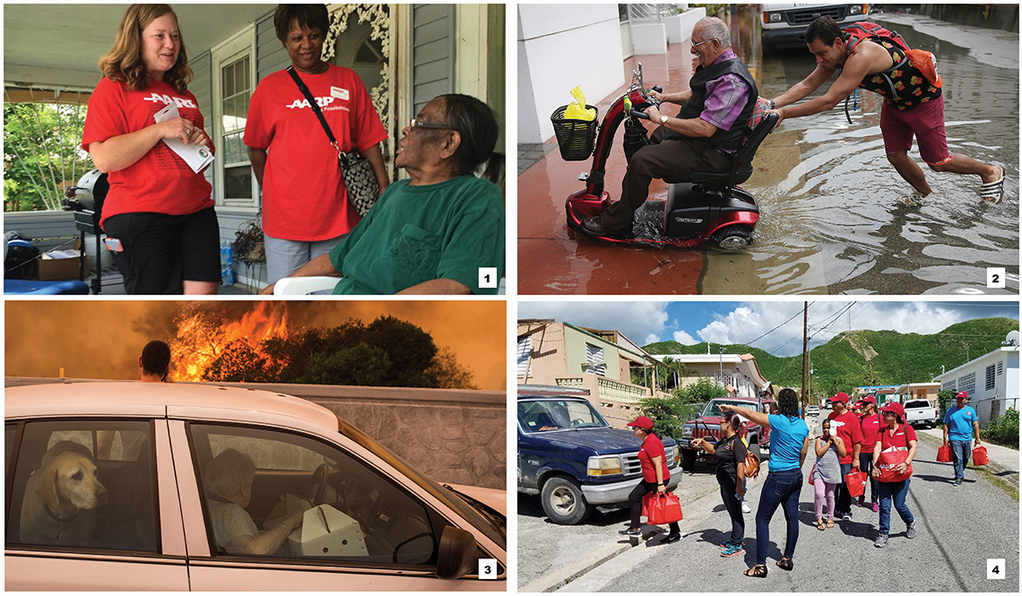 Four photos related to older adults and disasters