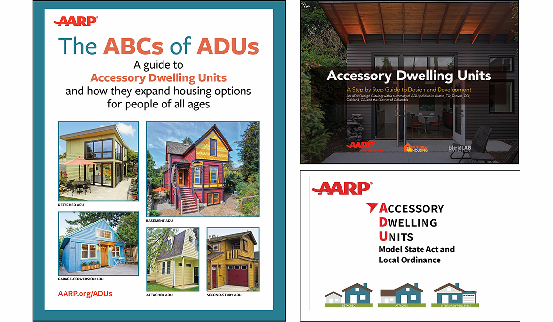The covers of three AARP publications about ADUs