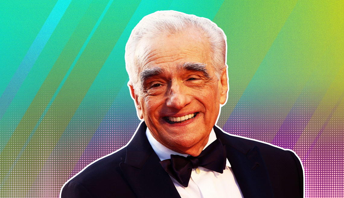 item 14 of Gallery image - Martin Scorsese in a tuxedo outlined against rainbow ombre background
