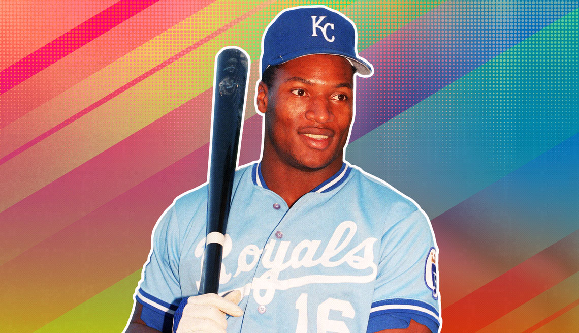 item 1 of Gallery image - Bo Jackson in Royals uniform holding a bat and outlined against a rainbow ombre background
