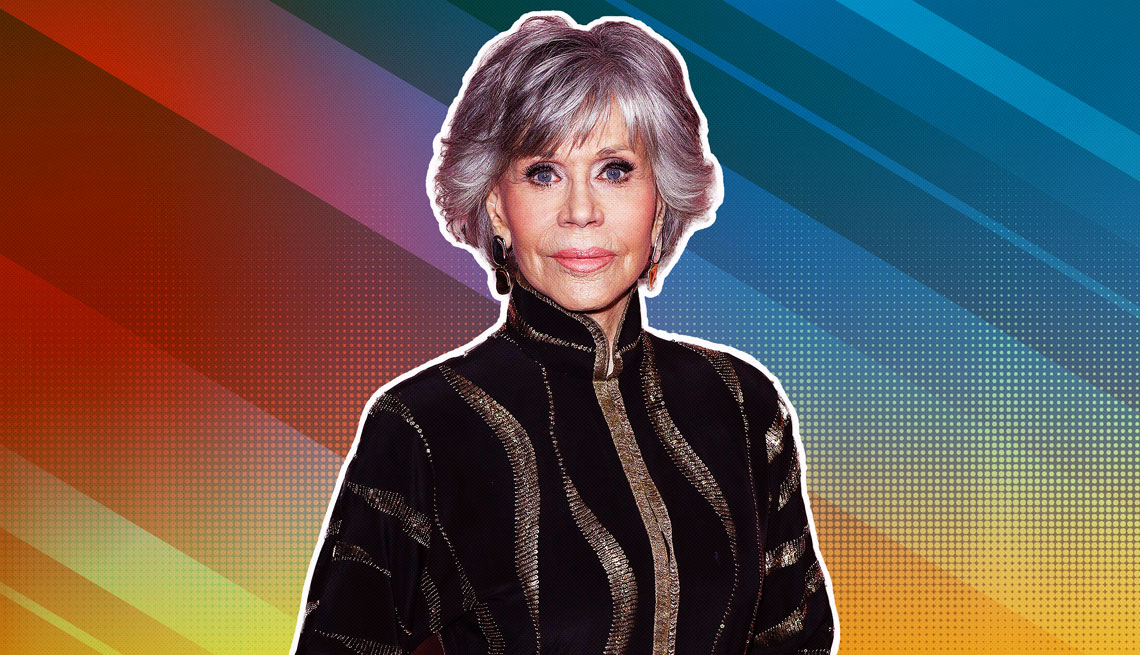 item 11 of Gallery image - Jane Fonda outlined against a rainbow ombre background