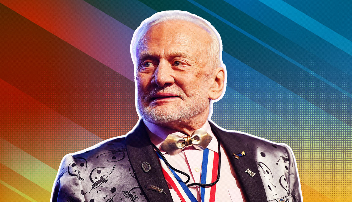 Buzz Aldrin outlined against a rainbow ombre background