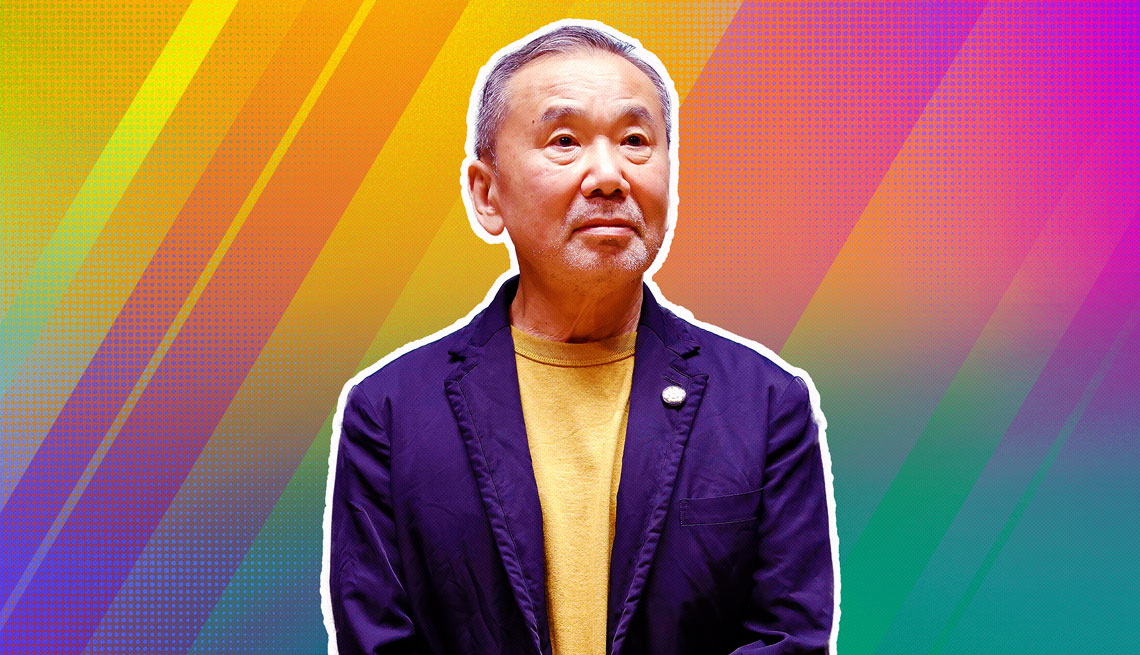 item 13 of Gallery image - Haruki Murakami outlined against a rainbow ombre background
