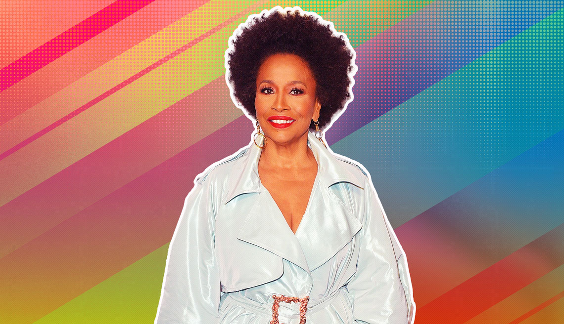 Jenifer Lewis outlined against a rainbow ombre background