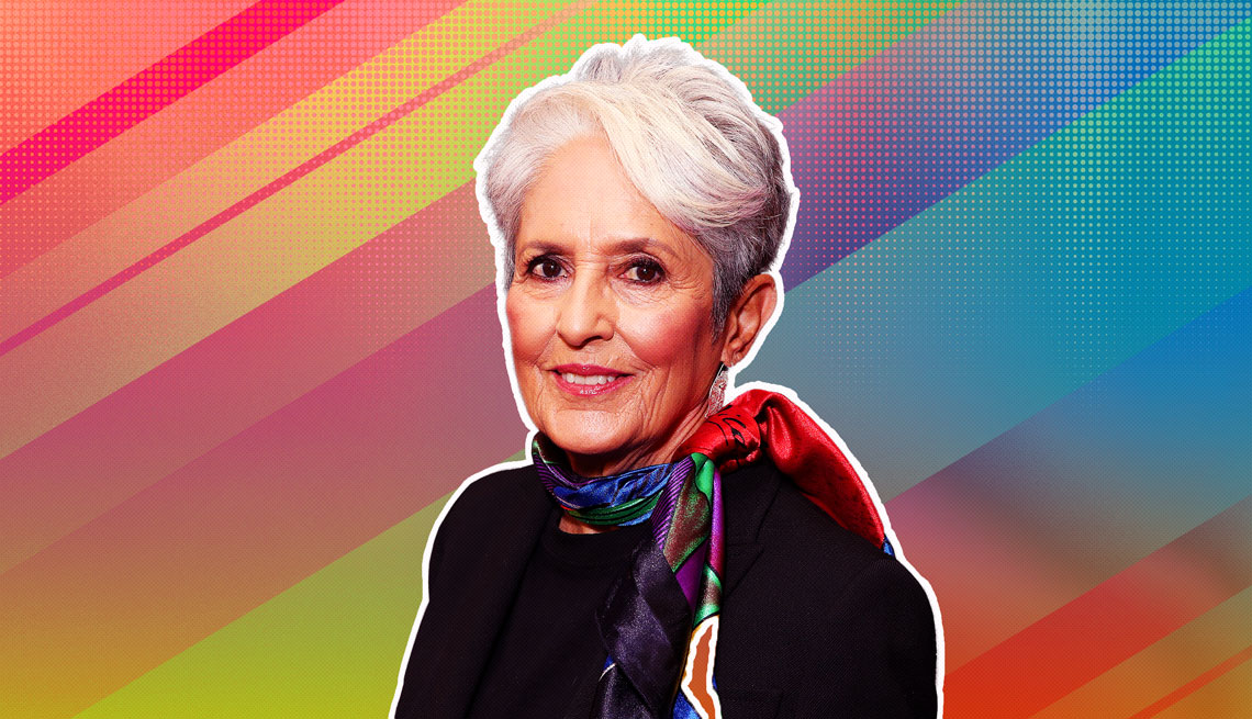 item 16 of Gallery image - Joan Baez outlined against a rainbow ombre background