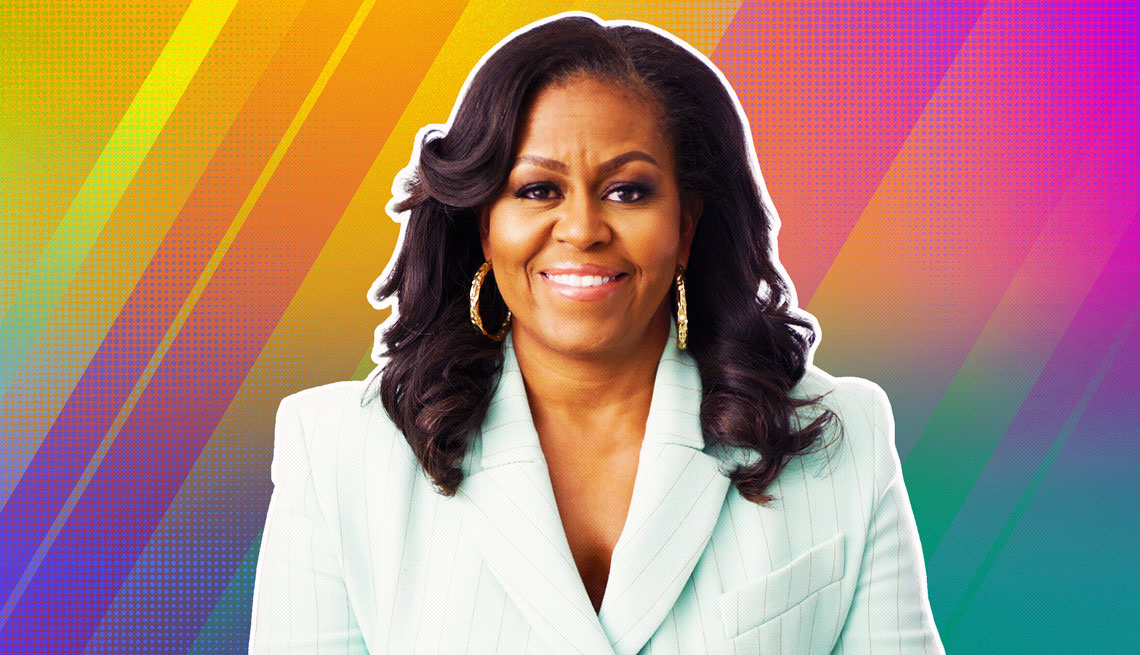 item 8 of Gallery image - Michelle Obama outlined against a rainbow ombre background