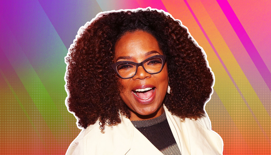 Oprah Winfrey outlined against a rainbow ombre background